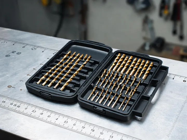 Drill bit set on workbench